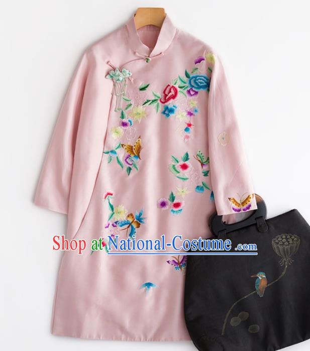 Chinese Traditional National Costume Tang Suit Embroidered Pink Coat for Women