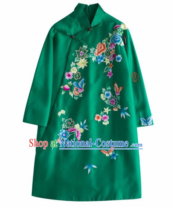 Chinese Traditional National Costume Tang Suit Embroidered Green Coat for Women