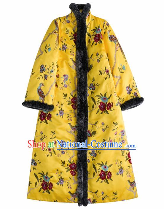 Chinese Traditional National Costume Tang Suit Embroidered Rhododendrons Cotton Padded Coat for Women