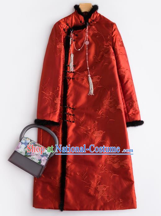 Chinese Traditional National Costume Tang Suit Embroidered Red Cotton Padded Coat for Women