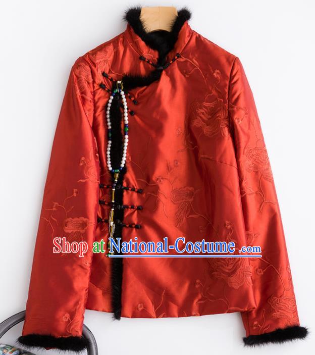 Chinese Traditional National Costume Tang Suit Embroidered Red Cotton Padded Jacket for Women