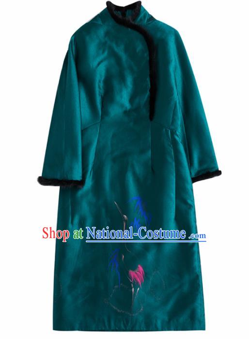 Chinese Traditional National Costume Tang Suit Embroidered Deep Green Dust Coat for Women