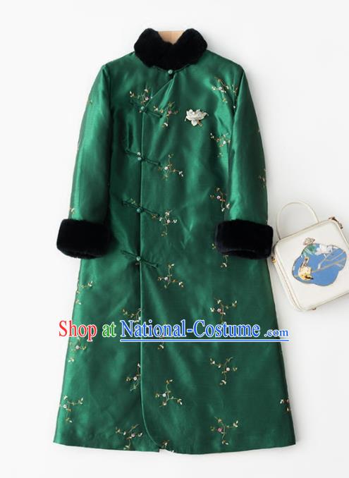 Chinese Traditional Costume National Winter Cheongsam Embroidered Green Qipao Dress for Women