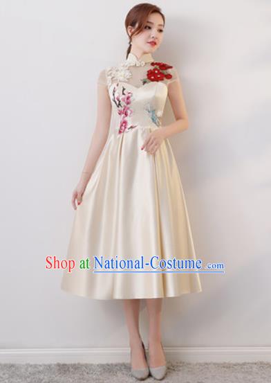 Chinese Traditional National Costume Classical Cheongsam Embroidered White Satin Qipao Dress for Women