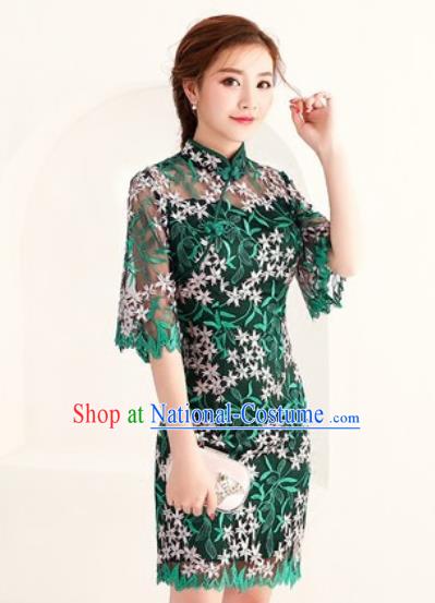 Chinese Traditional National Costume Classical Cheongsam Embroidered Green Full Dress for Women