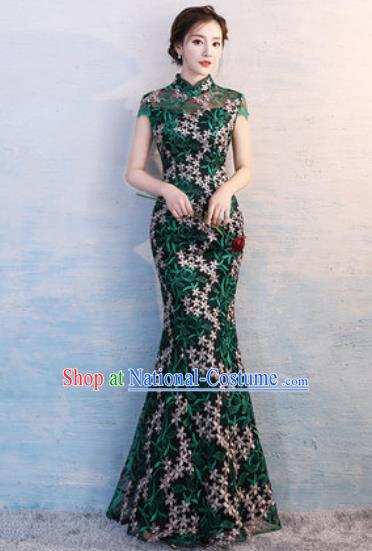 Chinese Traditional National Costume Classical Wedding Cheongsam Green Fishtail Full Dress for Women