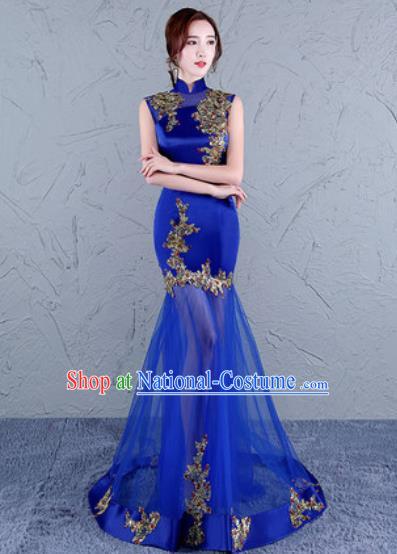 Chinese Traditional National Costume Classical Wedding Cheongsam Royalblue Veil Full Dress for Women