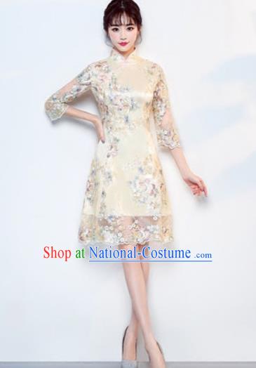 Chinese Traditional National Costume Classical Cheongsam Wedding Beige Full Dress for Women