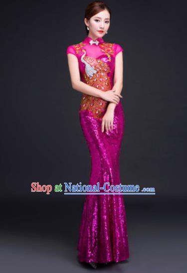 Chinese Traditional National Costume Classical Wedding Rosy Fishtail Full Dress for Women