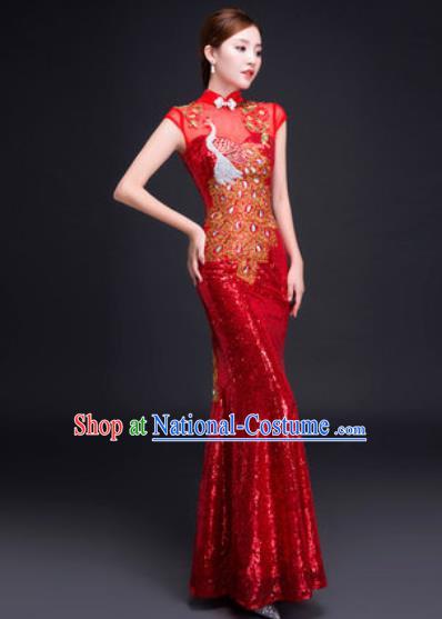 Chinese Traditional National Costume Classical Wedding Red Fishtail Full Dress for Women