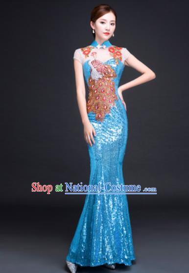 Chinese Traditional National Costume Classical Wedding Blue Fishtail Full Dress for Women