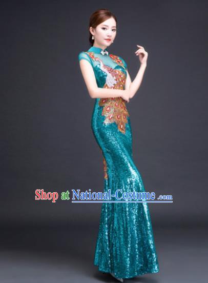 Chinese Traditional National Costume Classical Wedding Lake Blue Fishtail Full Dress for Women