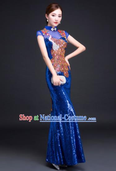 Chinese Traditional National Costume Classical Wedding Royalblue Fishtail Full Dress for Women