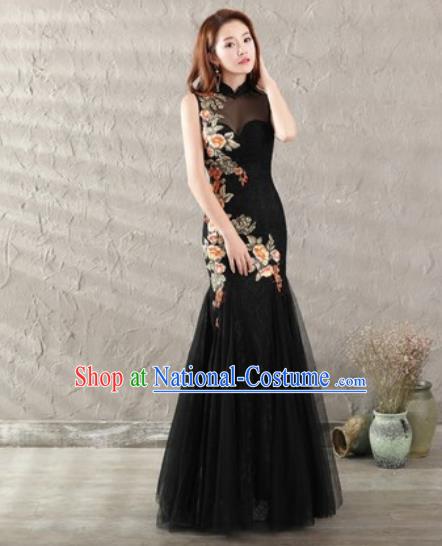 Chinese Traditional National Costume Classical Wedding Black Veil Fishtail Full Dress for Women