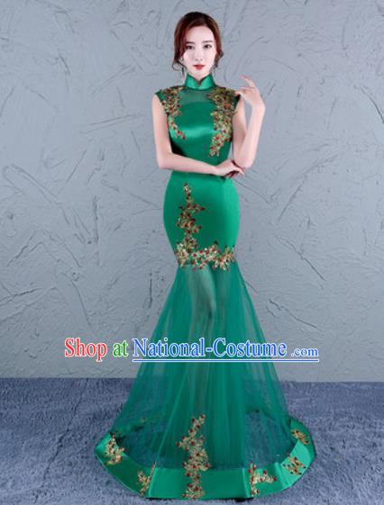 Chinese Traditional Wedding Costume Classical Embroidered Green Veil Full Dress for Women