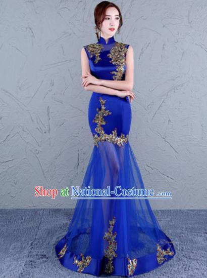 Chinese Traditional Wedding Costume Classical Embroidered Royalblue Veil Full Dress for Women