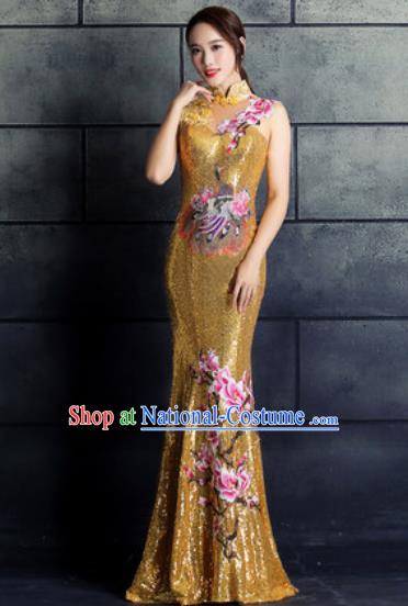 Chinese Traditional Wedding Costume Classical Embroidered Magnolia Golden Full Dress for Women