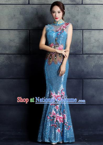 Chinese Traditional Wedding Costume Classical Embroidered Magnolia Blue Full Dress for Women