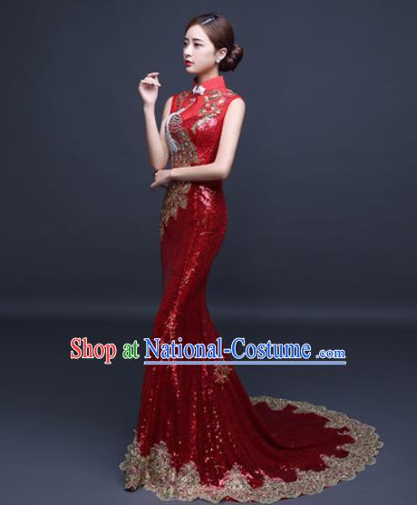 Chinese Traditional Wedding Costume Classical Red Trailing Full Dress for Women