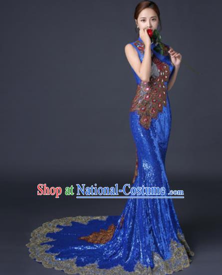 Chinese Traditional Wedding Costume Classical Royalblue Trailing Full Dress for Women