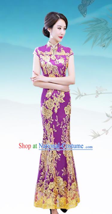 Chinese Traditional Wedding Costume Classical Embroidered Purple Full Dress for Women