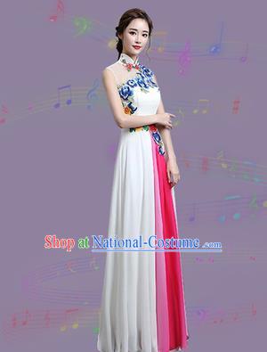 Chinese Traditional Cheongsam Costume Classical Embroidered Peony White Full Dress for Women