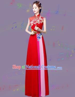 Chinese Traditional Cheongsam Costume Classical Embroidered Peony Red Full Dress for Women