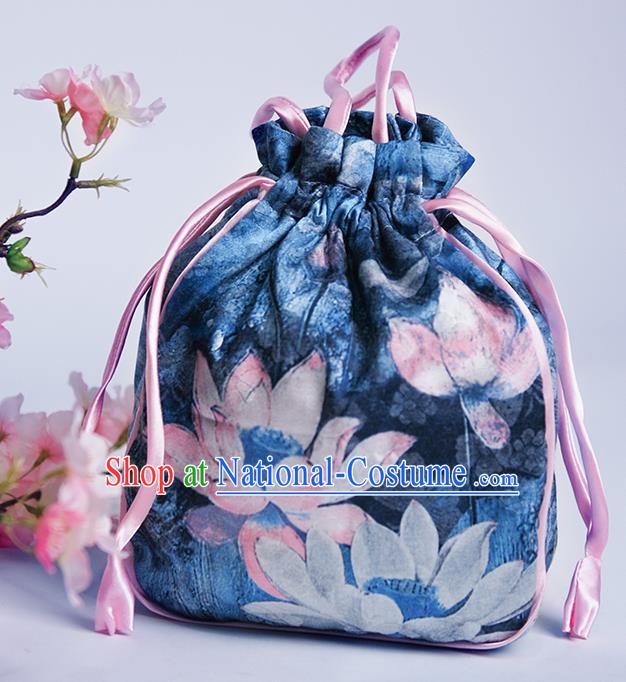 Chinese Traditional Hanfu Accessories Classical Printing Lotus Navy Handbag for Women