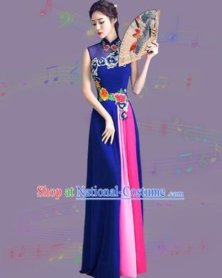 Chinese Traditional Cheongsam Costume Classical Embroidered Peony Royalblue Full Dress for Women