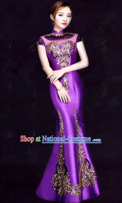 Chinese Traditional Fishtail Cheongsam Costume Classical Embroidered Purple Full Dress for Women