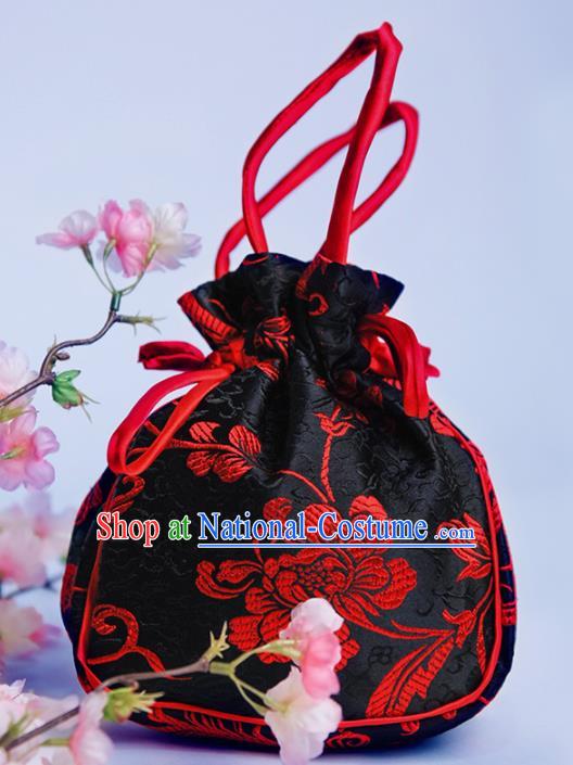 Chinese Traditional Hanfu Accessories Classical Black Brocade Handbag for Women