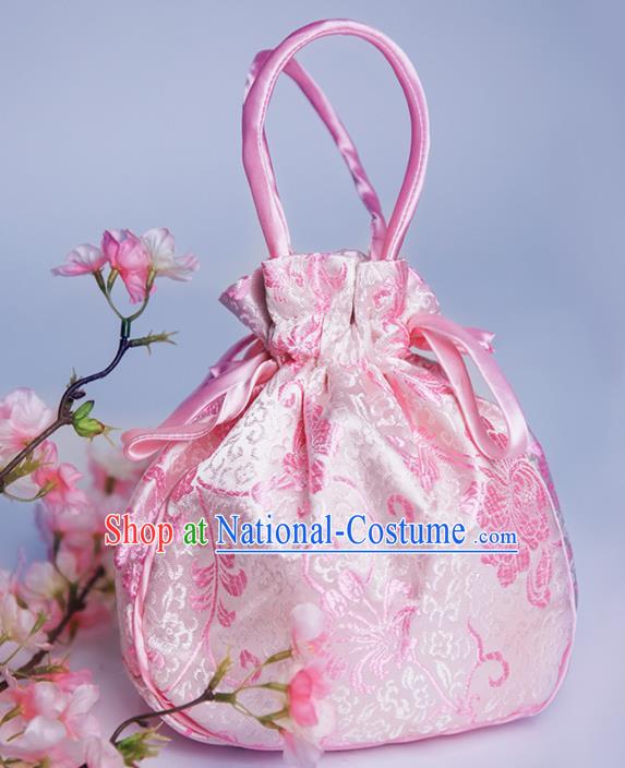 Chinese Traditional Hanfu Accessories Classical Pink Brocade Handbag for Women