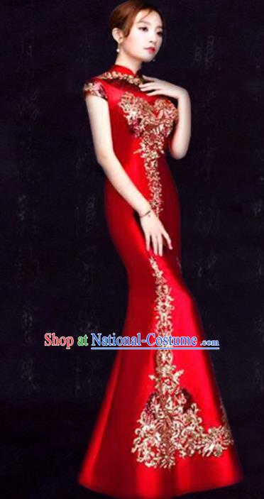 Chinese Traditional Fishtail Cheongsam Costume Classical Embroidered Red Full Dress for Women