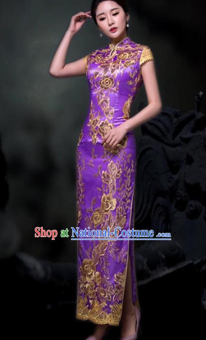 Chinese Traditional Embroidered Purple Cheongsam Costume Classical Full Dress for Women