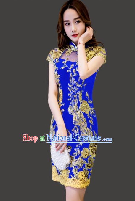 Chinese Traditional Blue Short Cheongsam Costume Classical Full Dress for Women