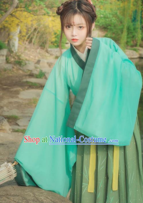 Chinese Ancient Young Lady Green Hanfu Dress Jin Dynasty Swordswoman Traditional Historical Costume for Women