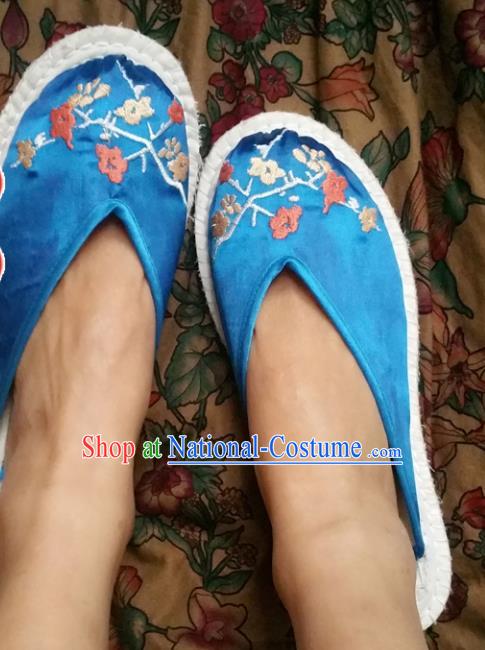 Chinese Ancient Princess Blue Slippers Traditional Embroidered Plum Blossom Shoes Hanfu Shoes for Women