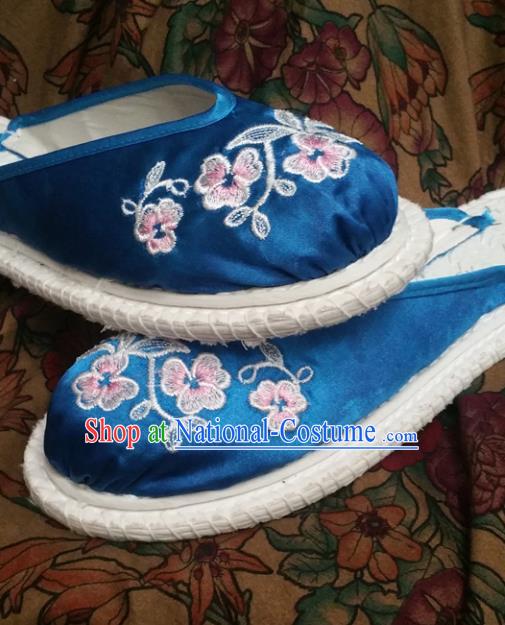 Chinese Ancient Princess Embroidered Blue Slippers Traditional Shoes Hanfu Shoes for Women