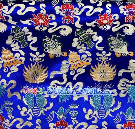 Chinese Traditional Buddhism Fire Fishes Pattern Royalblue Brocade Silk Fabric Tibetan Robe Satin Fabric Asian Material