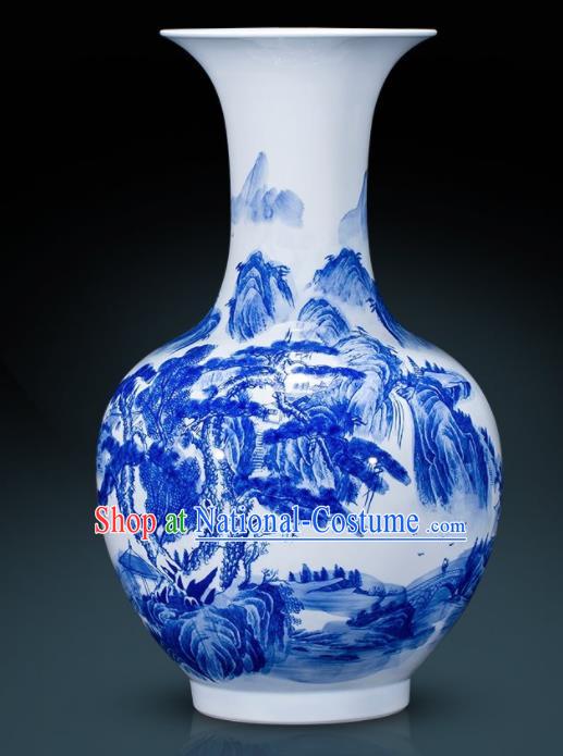 Chinese Jingdezhen Ceramic Landscape Painting Handicraft Traditional Blue and White Porcelain Vase