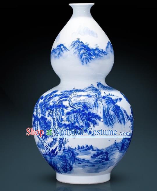 Chinese Jingdezhen Ceramic Landscape Painting Calabash Vase Handicraft Traditional Blue and White Porcelain Vase