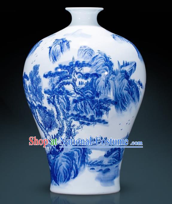 Chinese Jingdezhen Ceramic Landscape Painting Prunus Vase Handicraft Traditional Blue and White Porcelain Vase