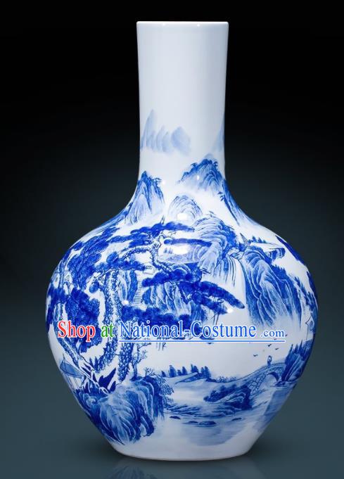 Chinese Jingdezhen Ceramic Landscape Painting Ball Vase Handicraft Traditional Blue and White Porcelain Vase