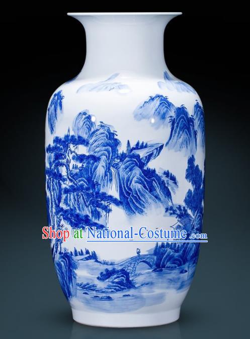 Chinese Jingdezhen Ceramic Landscape Painting Wax Gourd Vase Handicraft Traditional Blue and White Porcelain Vase