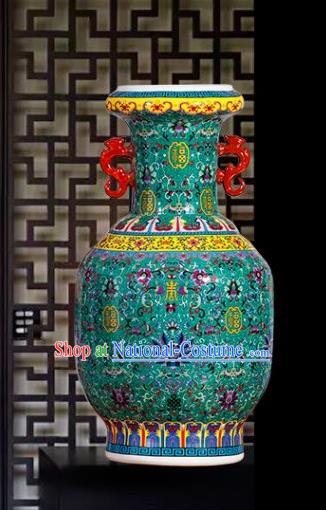 Chinese Jingdezhen Ceramic Craft Colour Enamel Green Amphora Vase Handicraft Traditional Porcelain Vase