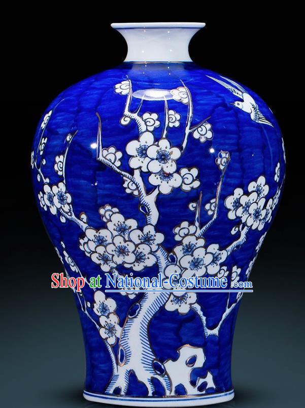 Chinese Jingdezhen Ceramic Handicraft Traditional Blue and White Porcelain Plum Blossom Prunus Vase