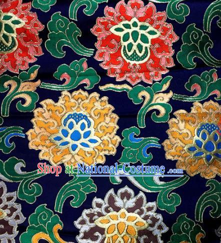 Chinese Traditional Buddhism Lotus Pattern Navy Brocade Silk Fabric Tibetan Robe Satin Fabric Asian Material