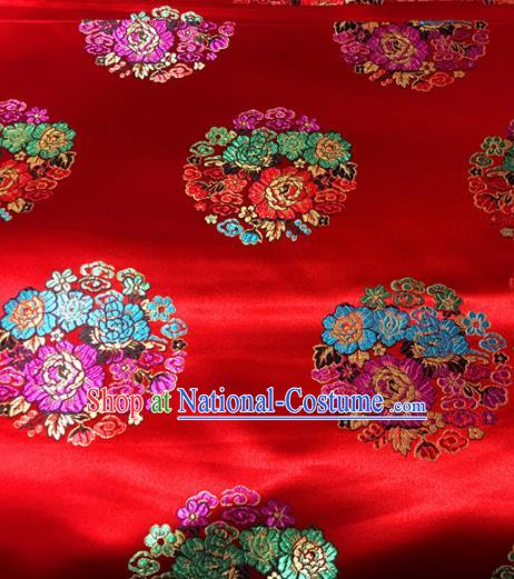 Chinese Traditional Buddhism Round Peony Pattern Red Brocade Silk Fabric Tibetan Robe Satin Fabric Asian Material