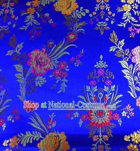 Chinese Traditional Spring Flowers Pattern Blue Brocade Silk Fabric Tibetan Robe Satin Fabric Asian Buddhism Material