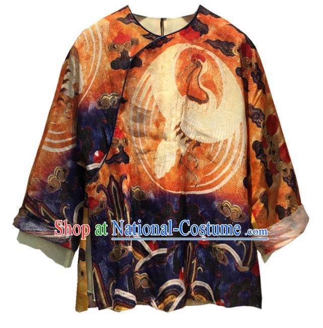 Chinese Traditional National Costume Printing Crane Blouse Tang Suit Upper Outer Garment for Women